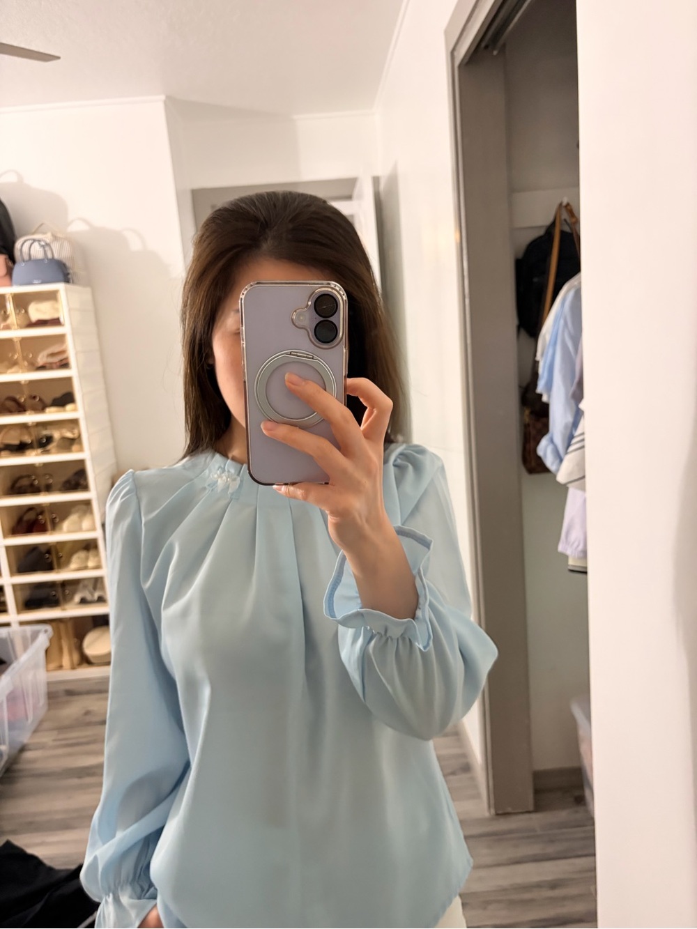 Light Blue Long Sleeve Ruffle-Cuff Blouse